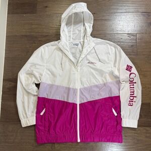 Columbia Women's Colorblock Windbreaker Hooded‎ Jacket White Pink Purple XL